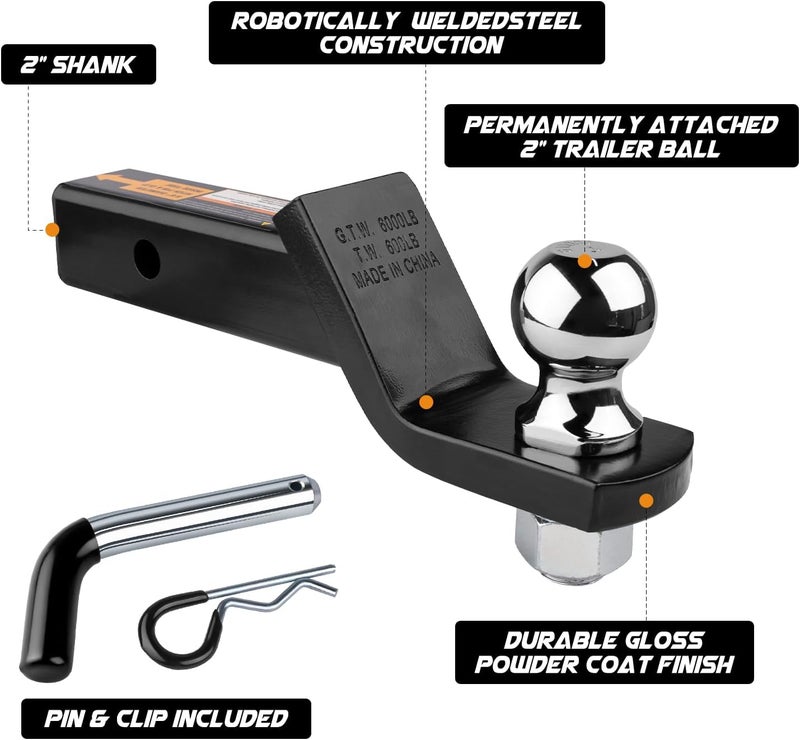 Donext Trailer Hitch Mount with 2-Inch Ball & Pin, Fits 2-in Receiver, Gloss Black Powder Coat, Heavy Duty Tow Hitch for Trailer, 2" Ball Hitch - Image 3